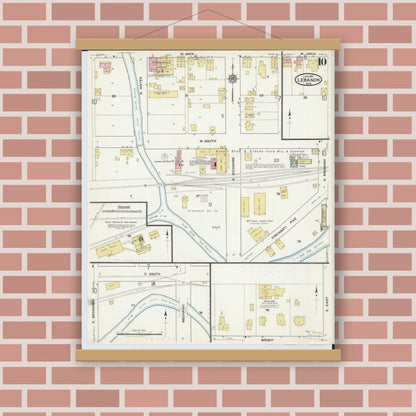 Old map wall art mockup — magnetic wood frame on brick wall — Sanborn Fire Insurance Map from Lebanon, Warren County, Ohio (1917), Sheet #0010
