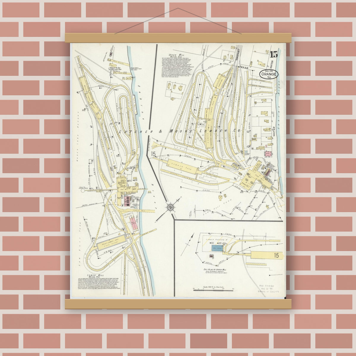 Old map wall art mockup — magnetic wood frame on brick wall — Sanborn Fire Insurance Map from Orange, Orange County, Texas (1914), Sheet #0015