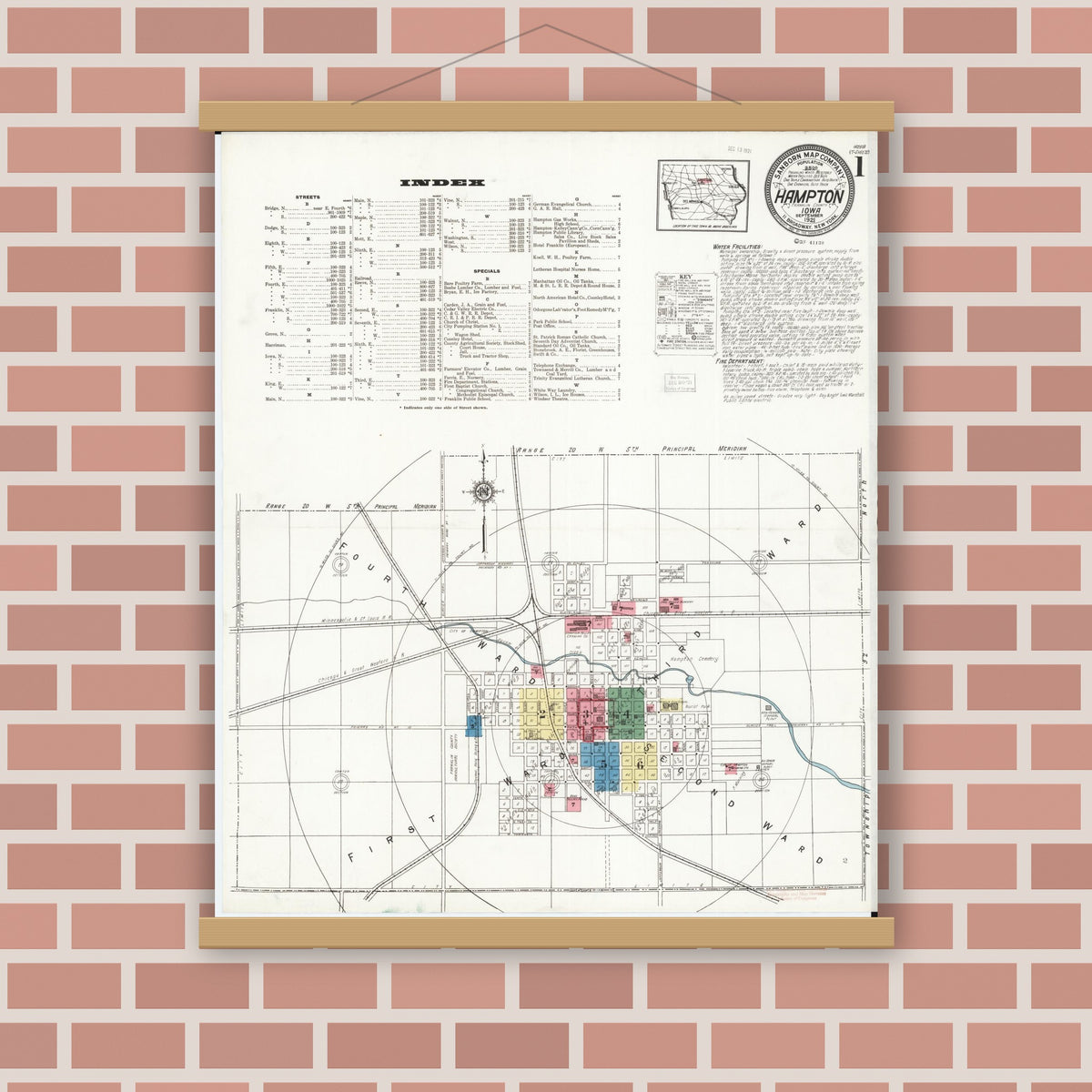 Old map wall art mockup — magnetic wood frame on brick wall — Sanborn Fire Insurance Map from Hampton, Franklin County, Iowa (1921), Sheet #0001