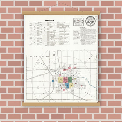 Old map wall art mockup — magnetic wood frame on brick wall — Sanborn Fire Insurance Map from Hampton, Franklin County, Iowa (1921), Sheet #0001