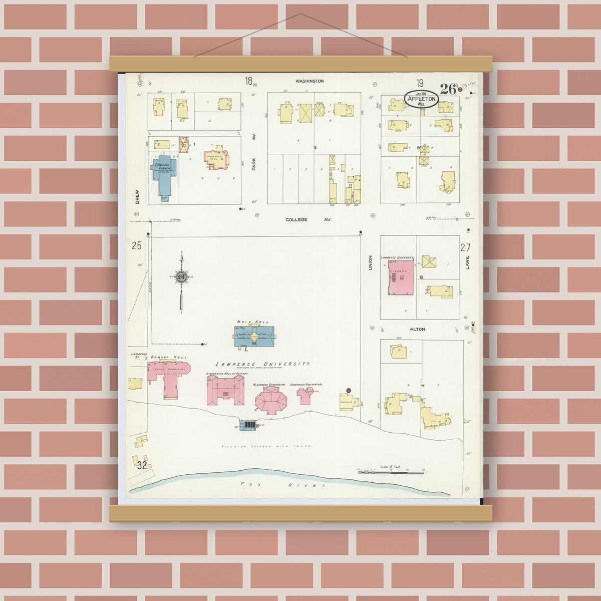 Old map wall art mockup — magnetic wood frame on brick wall — Sanborn Fire Insurance Map from Appleton, Outagamie County, Wisconsin (1911), Sheet #0026