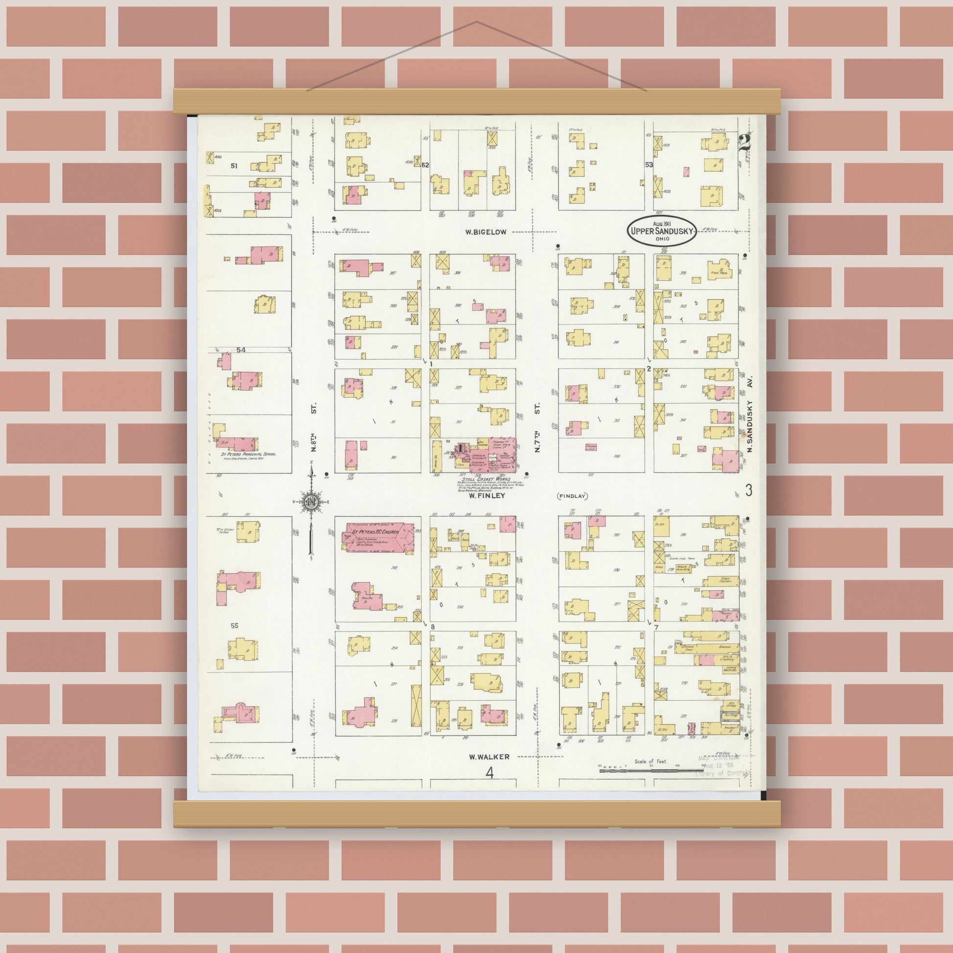 Old map wall art mockup — magnetic wood frame on brick wall — Sanborn Fire Insurance Map from Upper Sandusky, Wyandot County, Ohio (1911), Sheet #0002