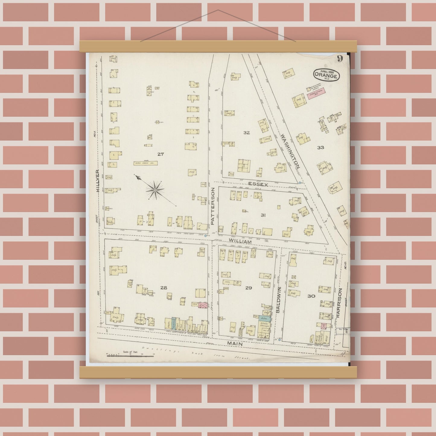 Old map wall art mockup — magnetic wood frame on brick wall — Sanborn Fire Insurance Map from Orange, Essex County, New Jersey (1885), Sheet #0009