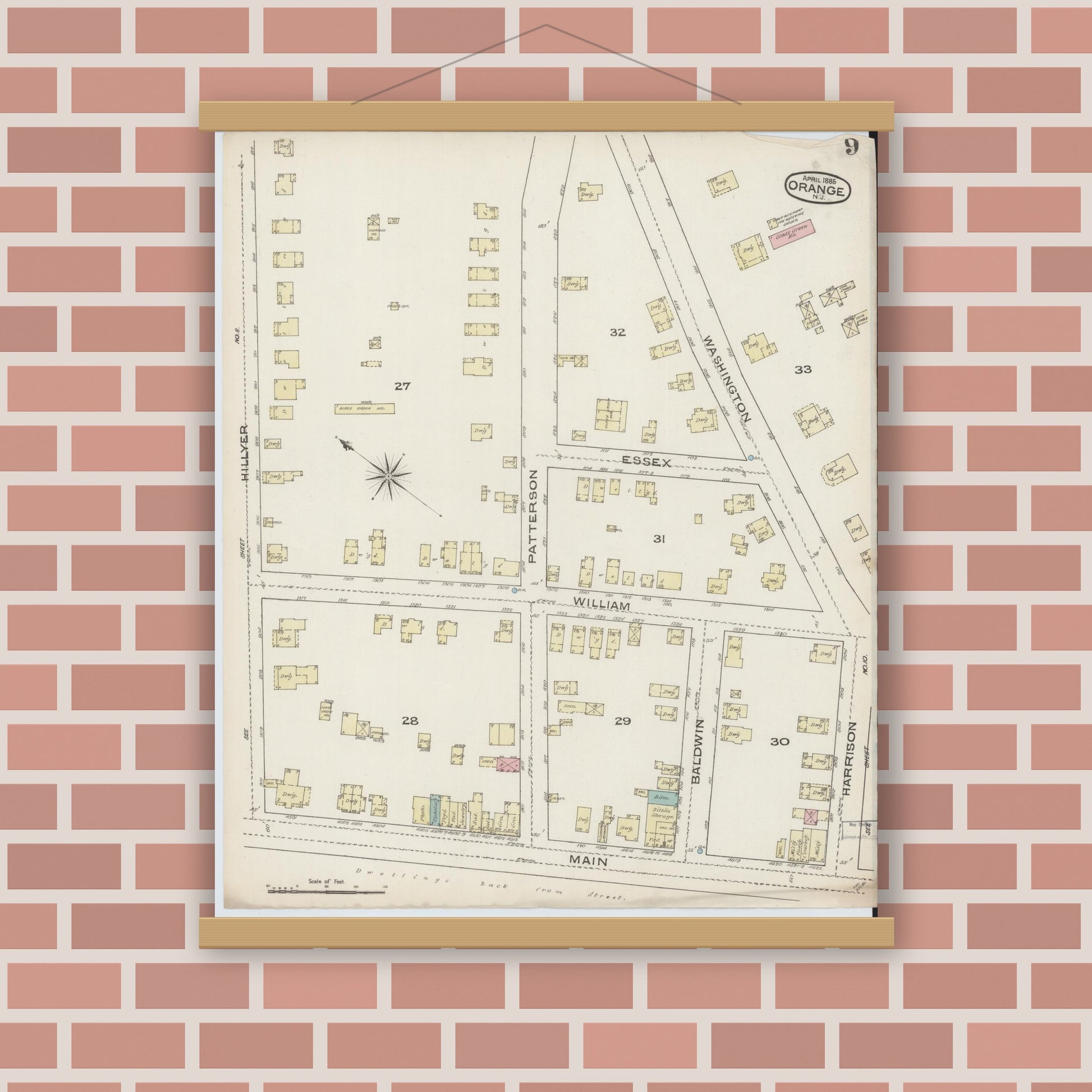 Old map wall art mockup — magnetic wood frame on brick wall — Sanborn Fire Insurance Map from Orange, Essex County, New Jersey (1885), Sheet #0009