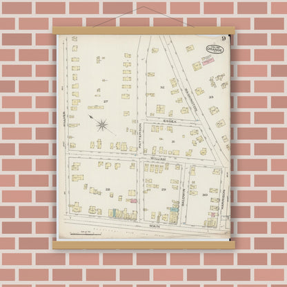 Old map wall art mockup — magnetic wood frame on brick wall — Sanborn Fire Insurance Map from Orange, Essex County, New Jersey (1885), Sheet #0009