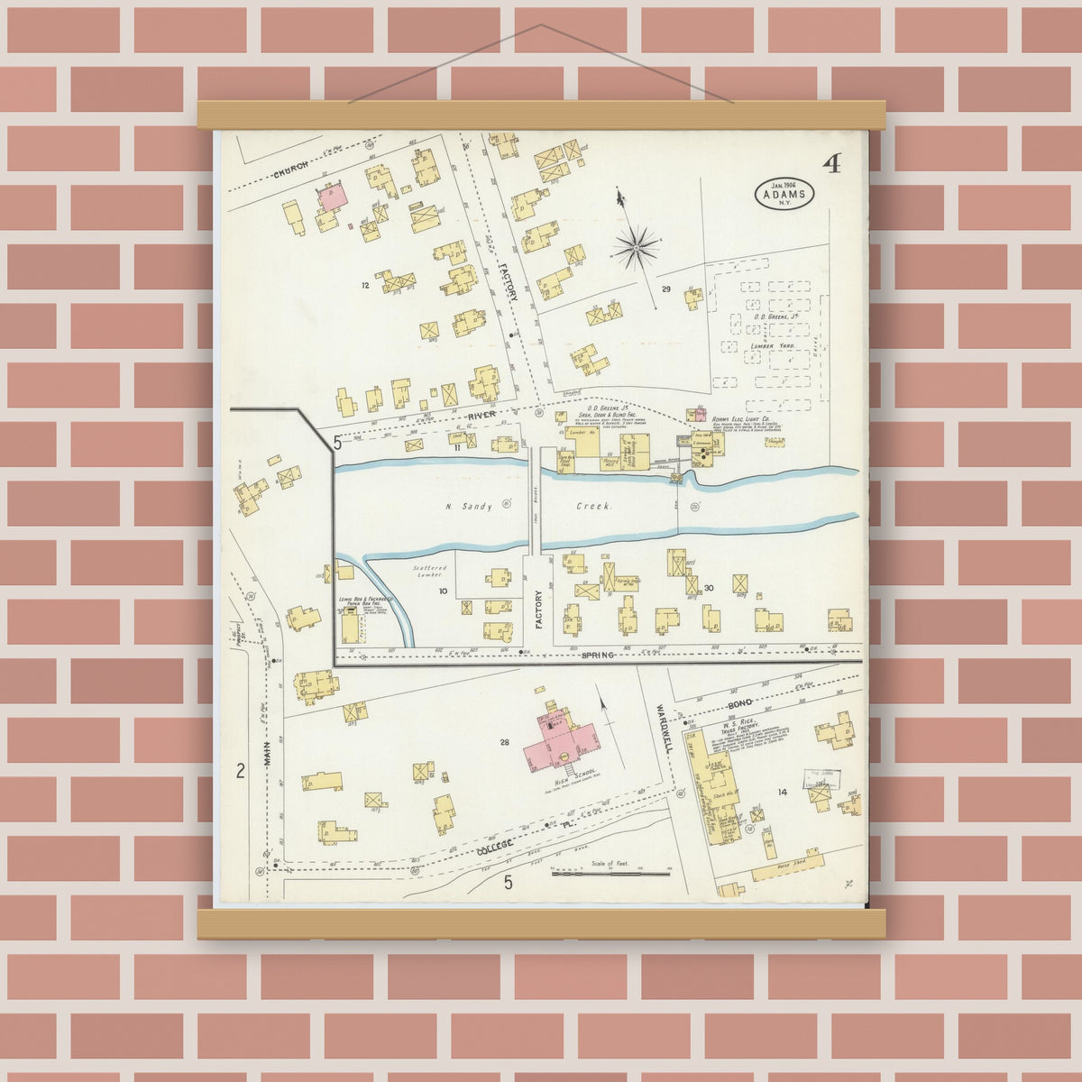 Old map wall art mockup — magnetic wood frame on brick wall — Sanborn Fire Insurance Map from Adams, Jefferson County, New York (1906), Sheet #0004