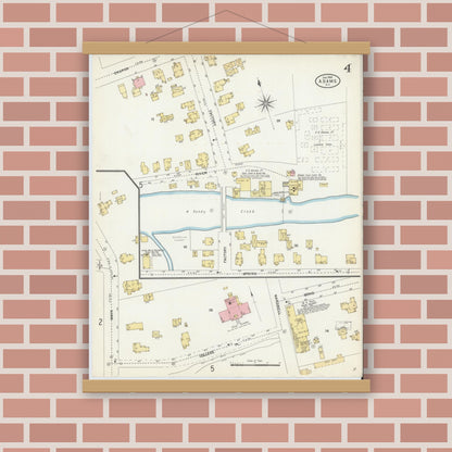 Old map wall art mockup — magnetic wood frame on brick wall — Sanborn Fire Insurance Map from Adams, Jefferson County, New York (1906), Sheet #0004
