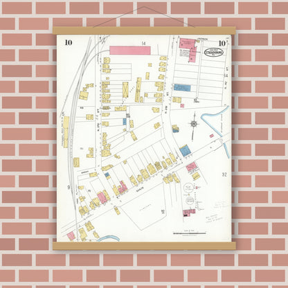 Old map wall art mockup — magnetic wood frame on brick wall — Sanborn Fire Insurance Map from Stroudsburg, Monroe County, Pennsylvania (1923), Sheet #0010