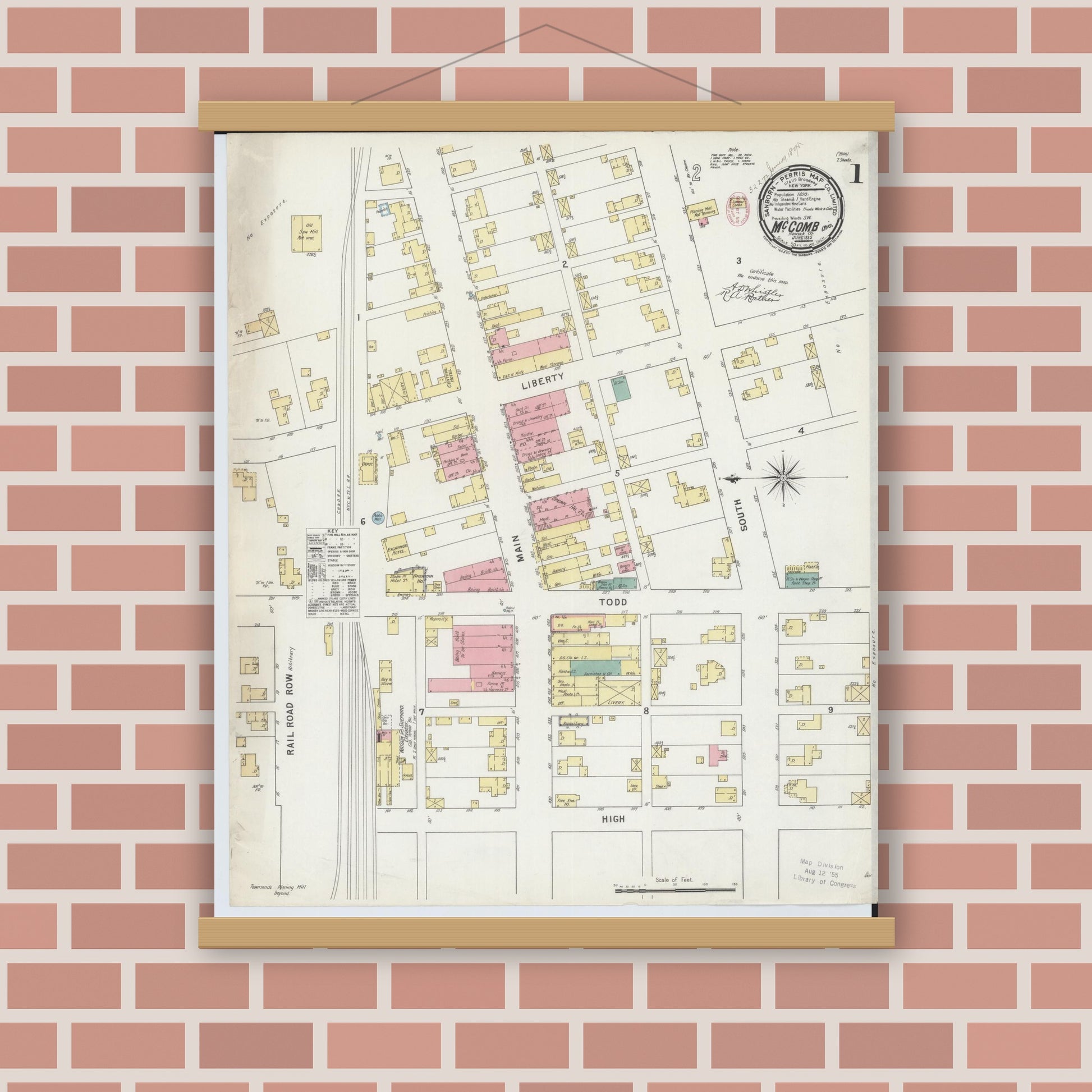 Old map wall art mockup — magnetic wood frame on brick wall — Sanborn Fire Insurance Map from McComb, Hancock County, Ohio (1885) - Complete Map Set