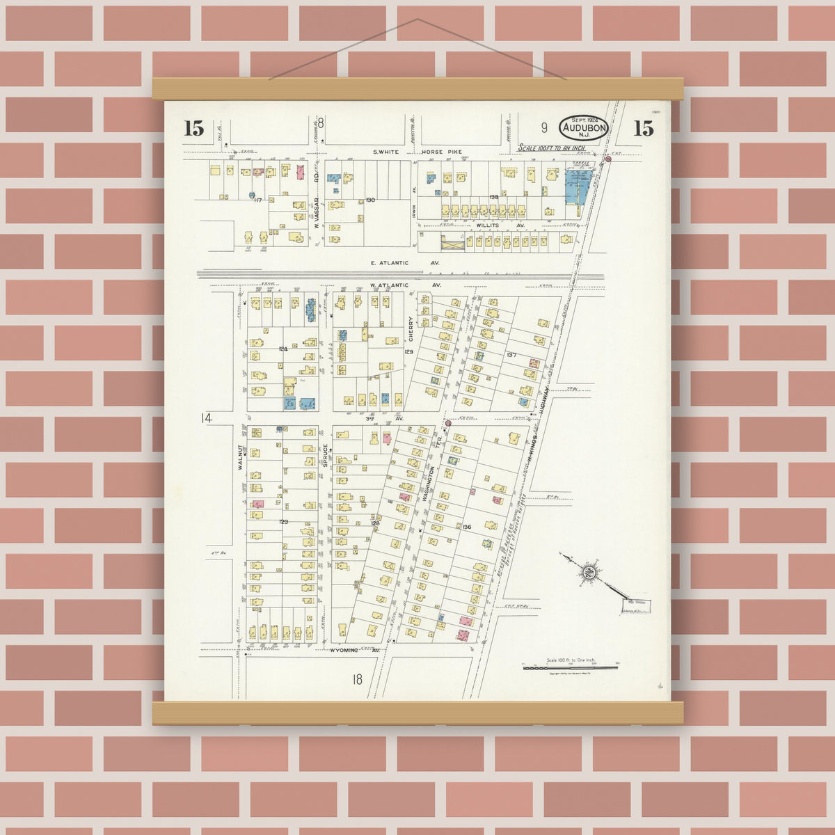 Old map wall art mockup — magnetic wood frame on brick wall — Sanborn Fire Insurance Map from Audubon, Camden County, New Jersey (1924), Sheet #0015