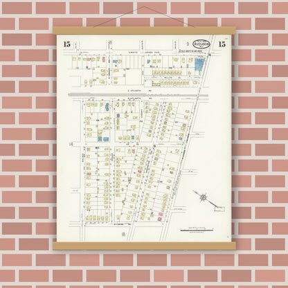 Old map wall art mockup — magnetic wood frame on brick wall — Sanborn Fire Insurance Map from Audubon, Camden County, New Jersey (1924), Sheet #0015