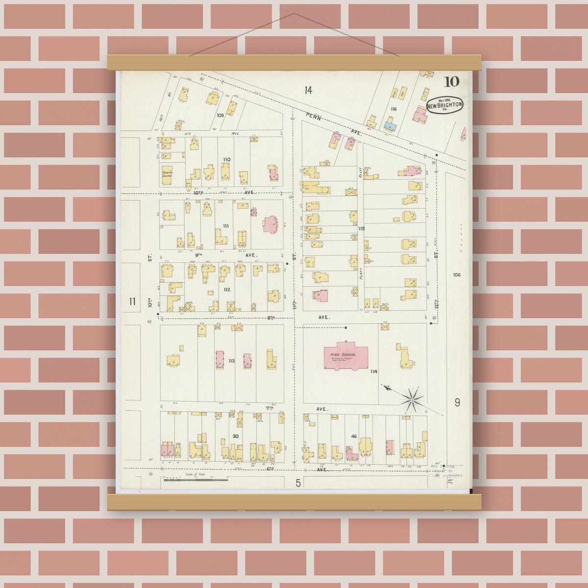 Old map wall art mockup — magnetic wood frame on brick wall — Sanborn Fire Insurance Map from New Brighton, Beaver County, Pennsylvania (1896), Sheet #0010