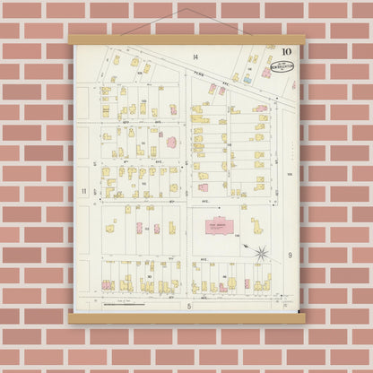 Old map wall art mockup — magnetic wood frame on brick wall — Sanborn Fire Insurance Map from New Brighton, Beaver County, Pennsylvania (1896), Sheet #0010