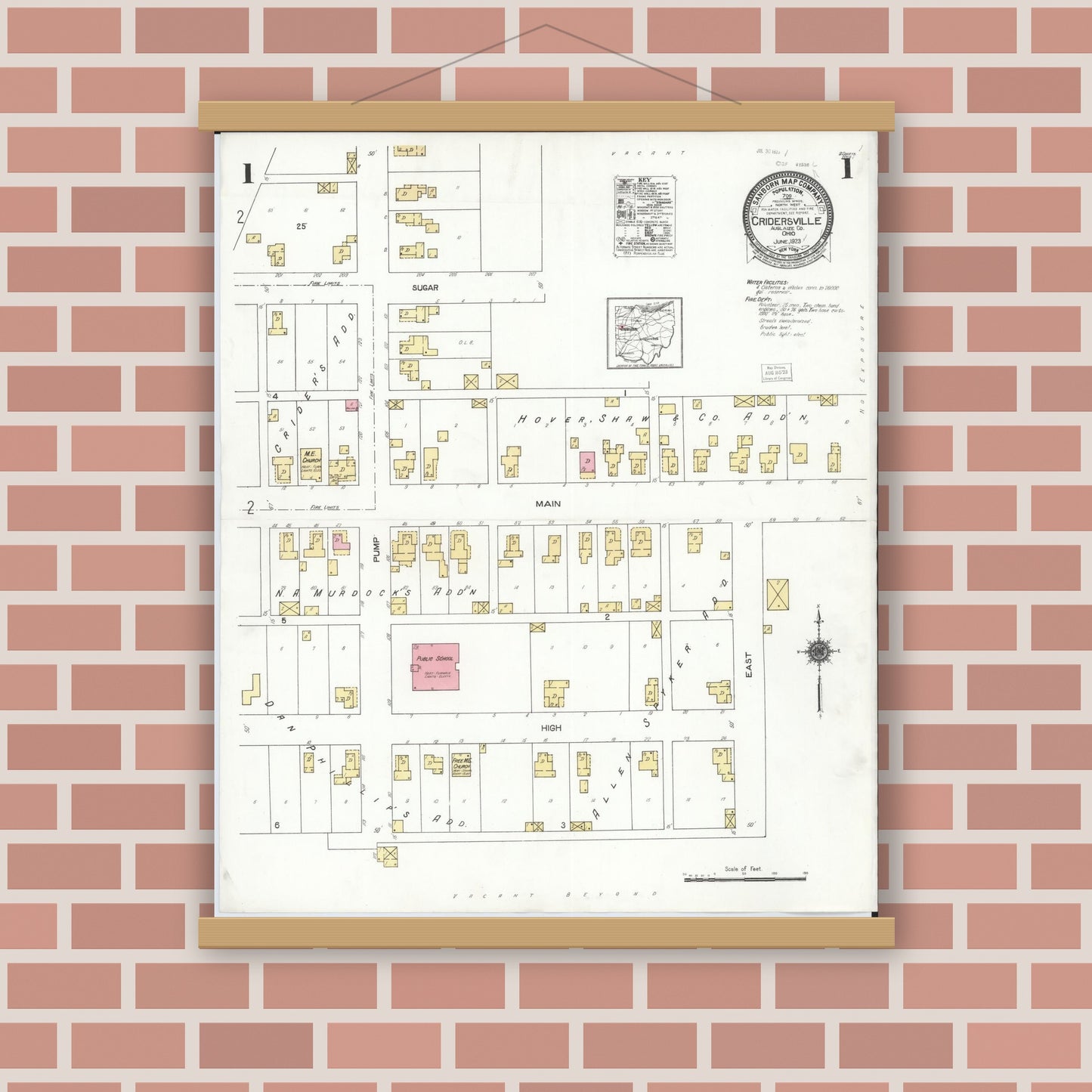 Old map wall art mockup — magnetic wood frame on brick wall — Sanborn Fire Insurance Map from Cridersville, Auglaize County, Ohio (1923) - Complete Map Set