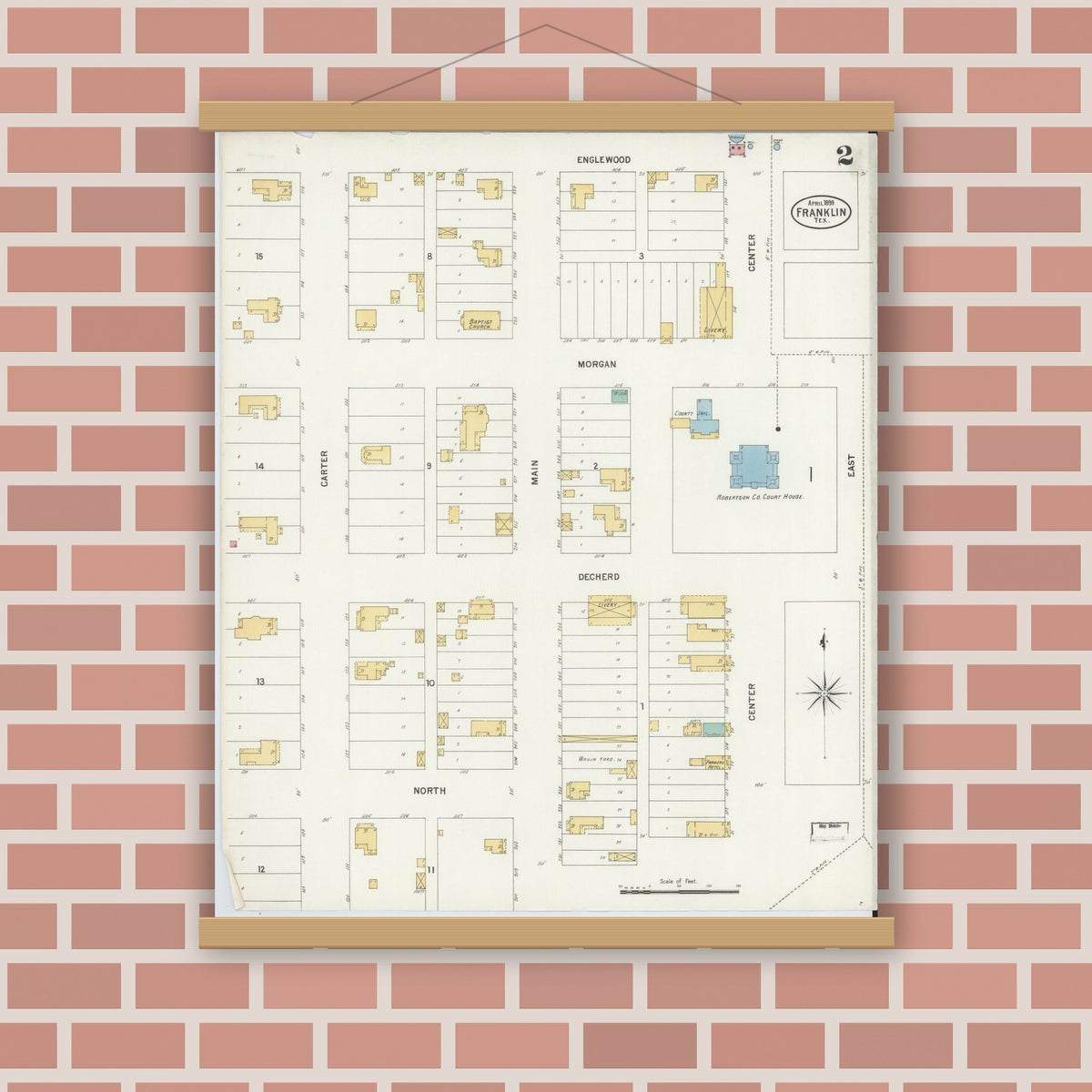 Old map wall art mockup — magnetic wood frame on brick wall — Sanborn Fire Insurance Map from Franklin, Robertson County, Texas (1899), Sheet #0002