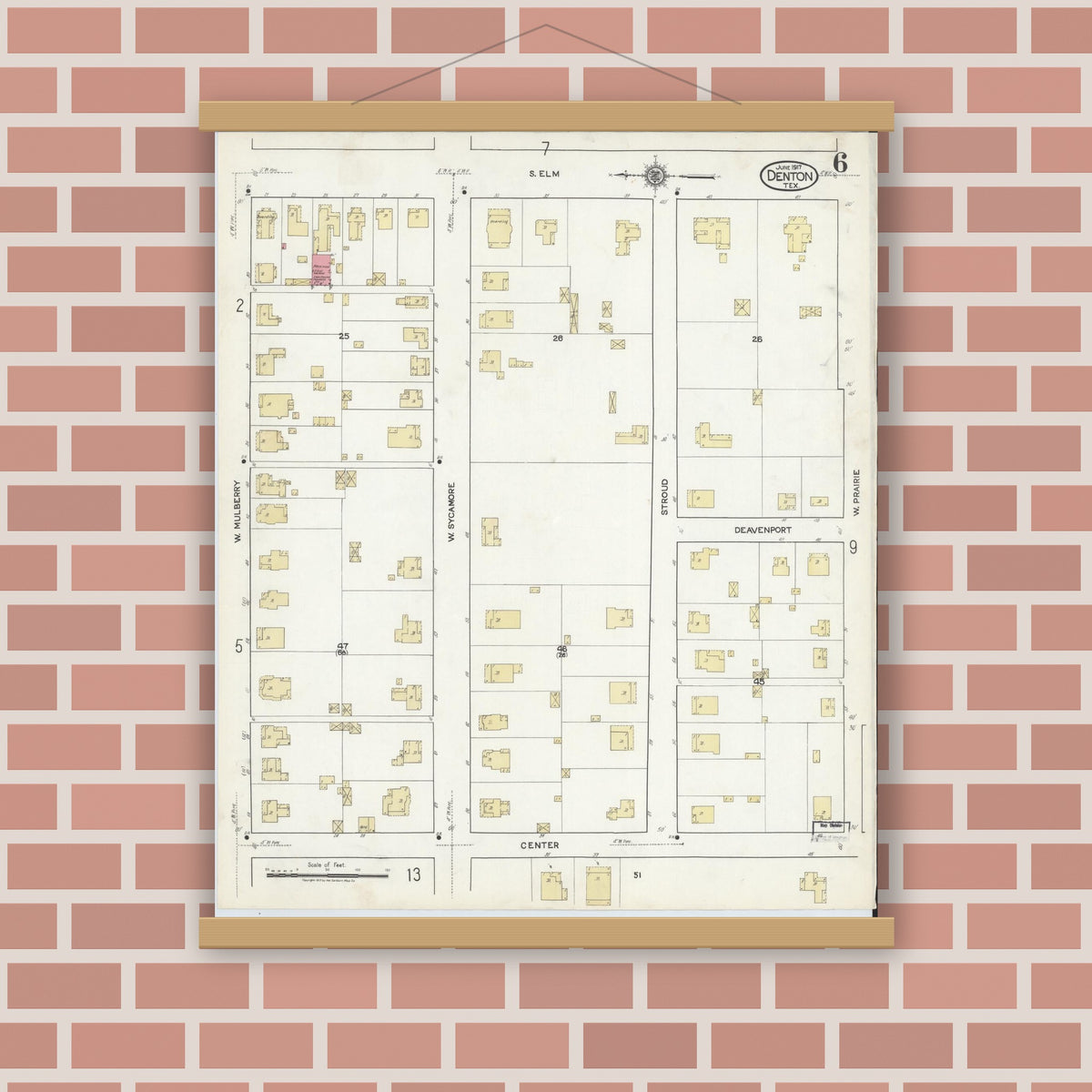 Old map wall art mockup — magnetic wood frame on brick wall — Sanborn Fire Insurance Map from Denton, Denton County, Texas (1917), Sheet #0006
