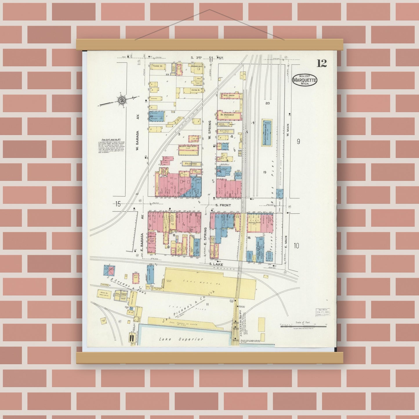 Old map wall art mockup — magnetic wood frame on brick wall — Sanborn Fire Insurance Map from Marquette, Marquette County, Michigan (1917), Sheet #0012
