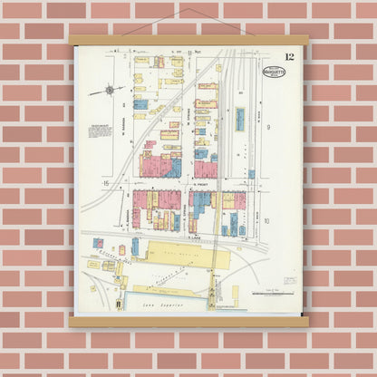 Old map wall art mockup — magnetic wood frame on brick wall — Sanborn Fire Insurance Map from Marquette, Marquette County, Michigan (1917), Sheet #0012