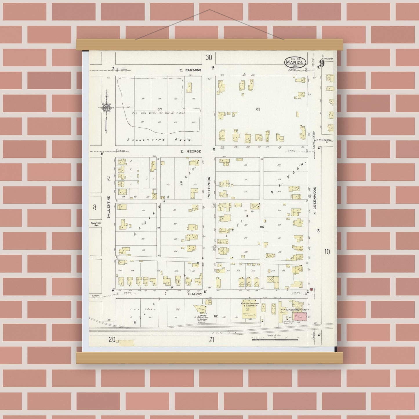 Old map wall art mockup — magnetic wood frame on brick wall — Sanborn Fire Insurance Map from Marion, Marion County, Ohio (1914), Sheet #0009