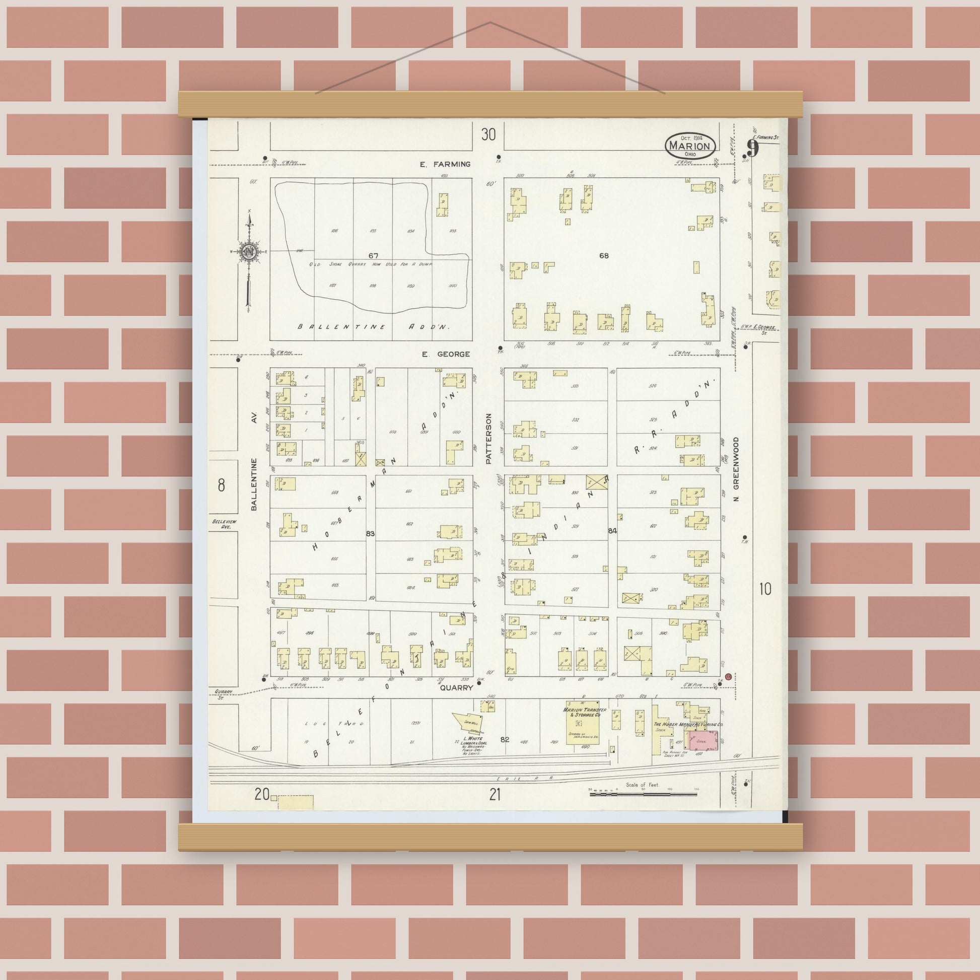 Old map wall art mockup — magnetic wood frame on brick wall — Sanborn Fire Insurance Map from Marion, Marion County, Ohio (1914), Sheet #0009
