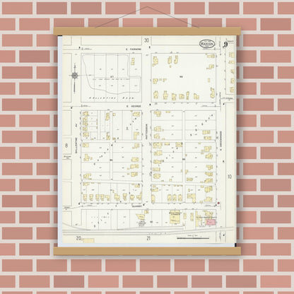 Old map wall art mockup — magnetic wood frame on brick wall — Sanborn Fire Insurance Map from Marion, Marion County, Ohio (1914), Sheet #0009