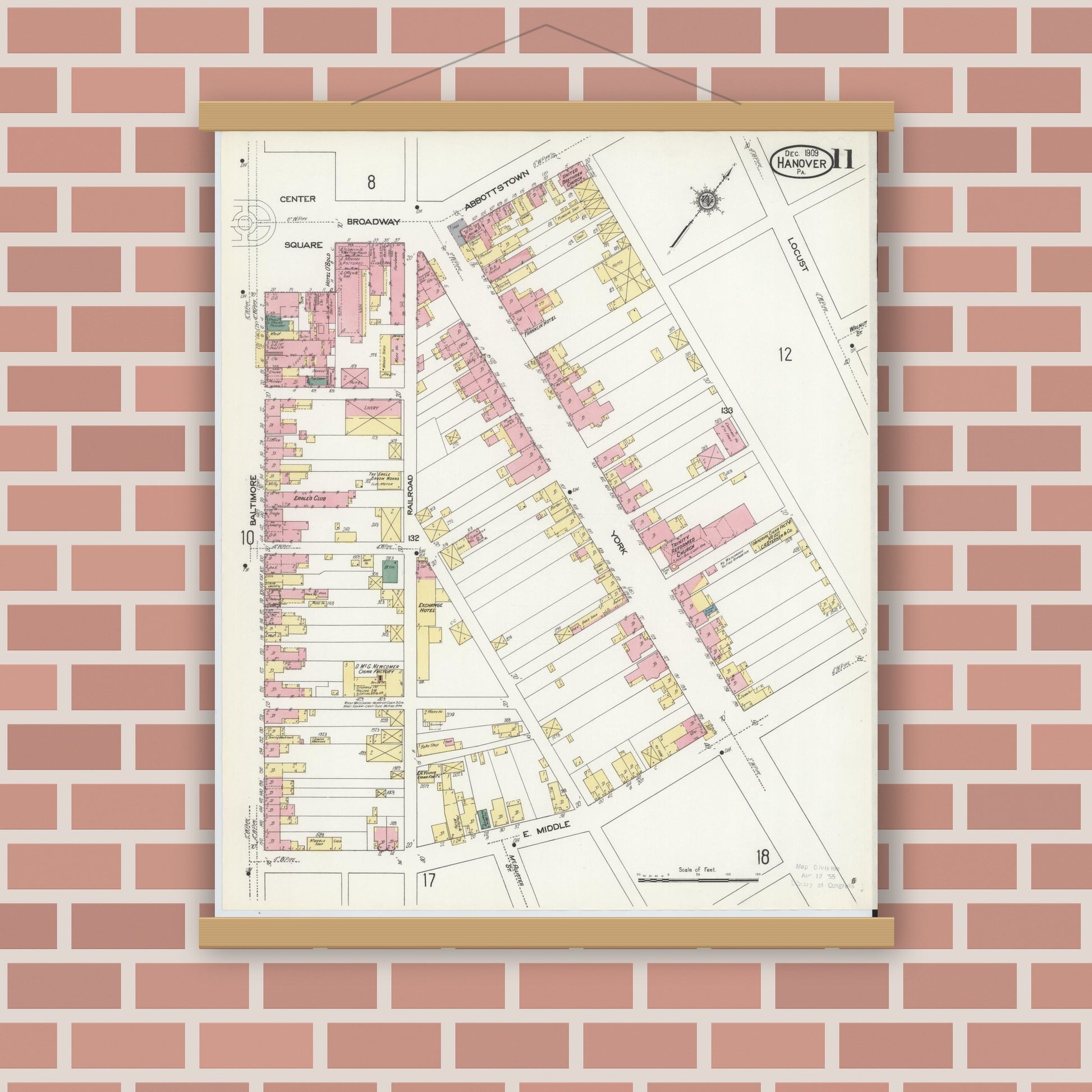 Old map wall art mockup — magnetic wood frame on brick wall — Sanborn Fire Insurance Map from Hanover, York County, Pennsylvania (1909), Sheet #0011