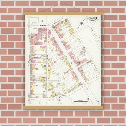 Old map wall art mockup — magnetic wood frame on brick wall — Sanborn Fire Insurance Map from Hanover, York County, Pennsylvania (1909), Sheet #0011