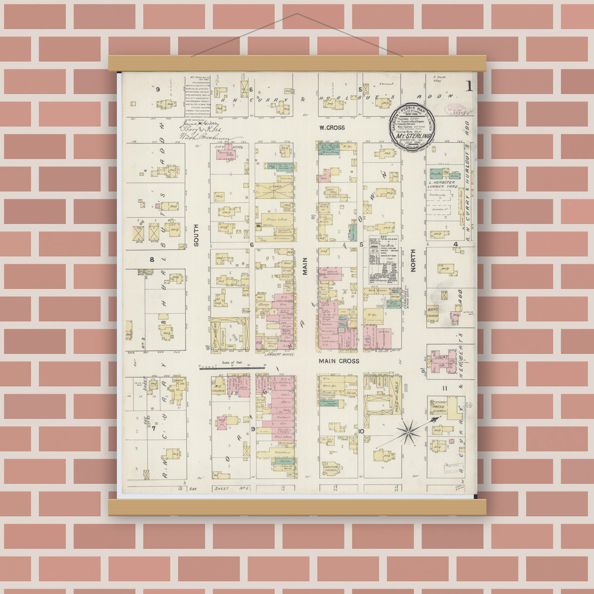 Old map wall art mockup — magnetic wood frame on brick wall — Sanborn Fire Insurance Map from Mount Sterling, Brown County, Illinois (1890), Sheet #0001