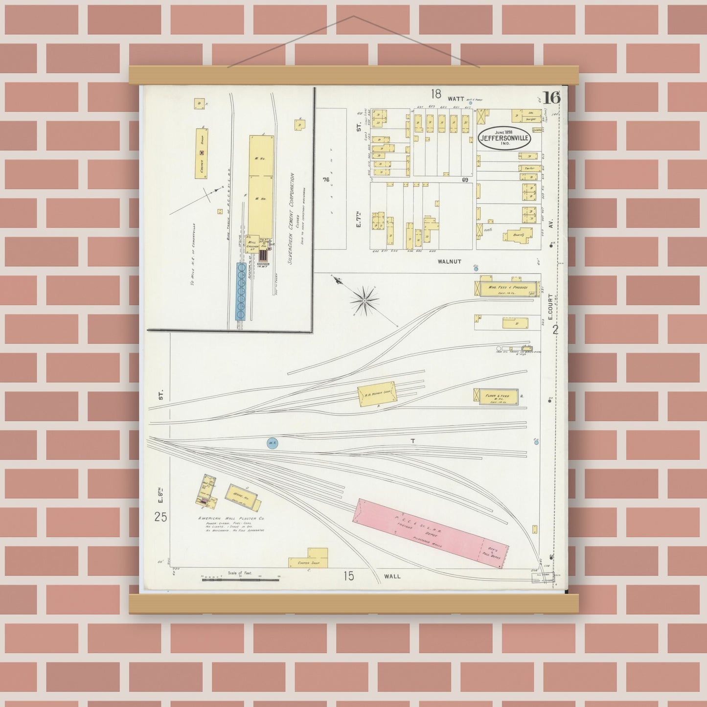 Old map wall art mockup — magnetic wood frame on brick wall — Sanborn Fire Insurance Map from Jeffersonville, Clark County, Indiana (1898), Sheet #0016