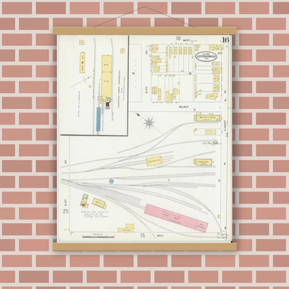 Old map wall art mockup — magnetic wood frame on brick wall — Sanborn Fire Insurance Map from Jeffersonville, Clark County, Indiana (1898), Sheet #0016