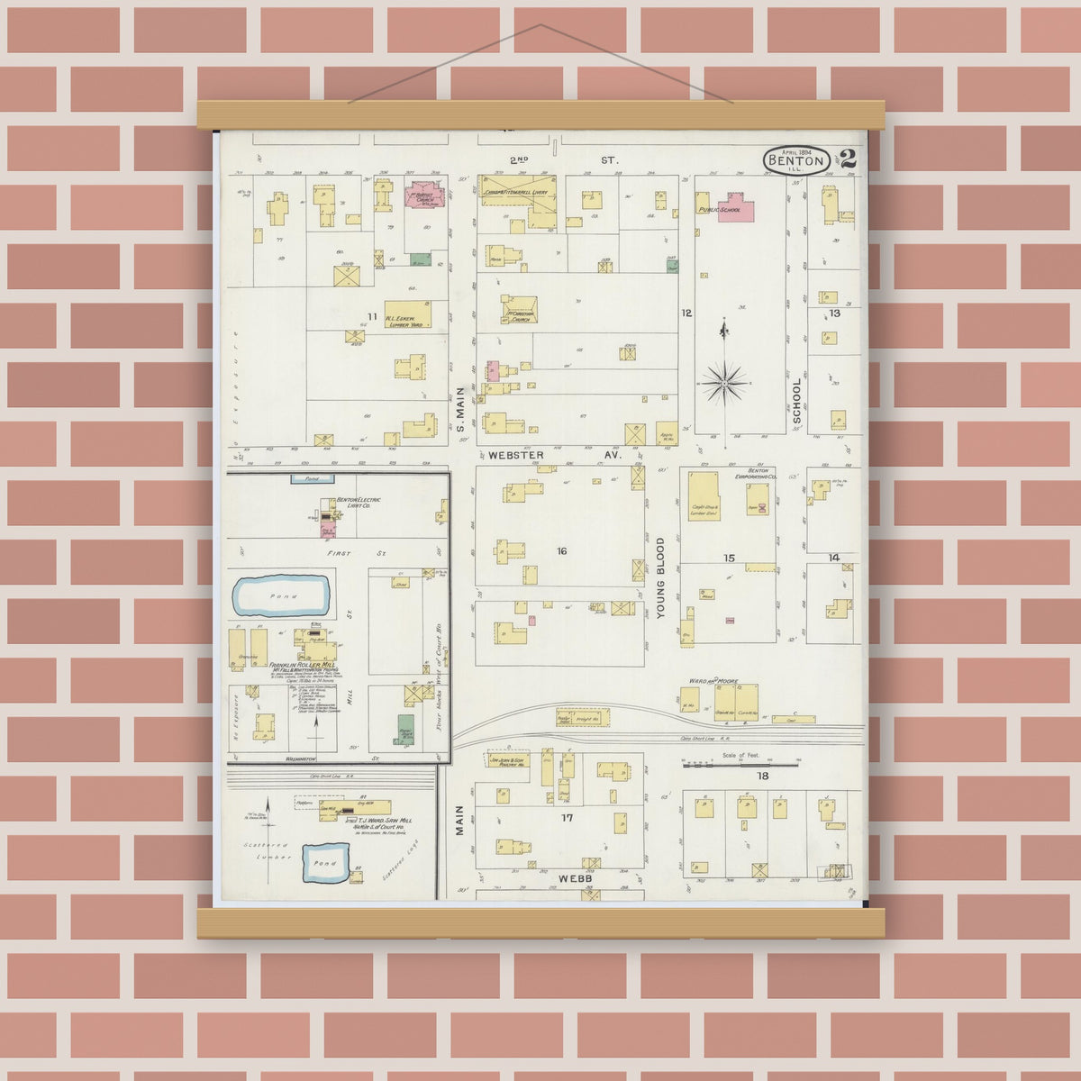 Old map wall art mockup — magnetic wood frame on brick wall — Sanborn Fire Insurance Map from Benton, Franklin County, Illinois (1894), Sheet #0002