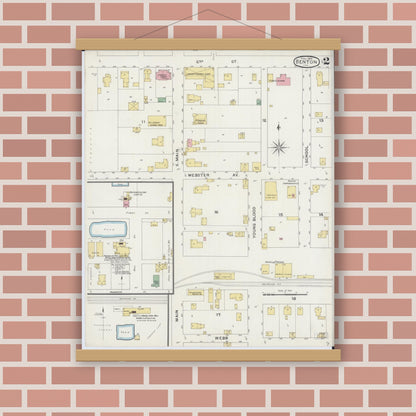 Old map wall art mockup — magnetic wood frame on brick wall — Sanborn Fire Insurance Map from Benton, Franklin County, Illinois (1894), Sheet #0002