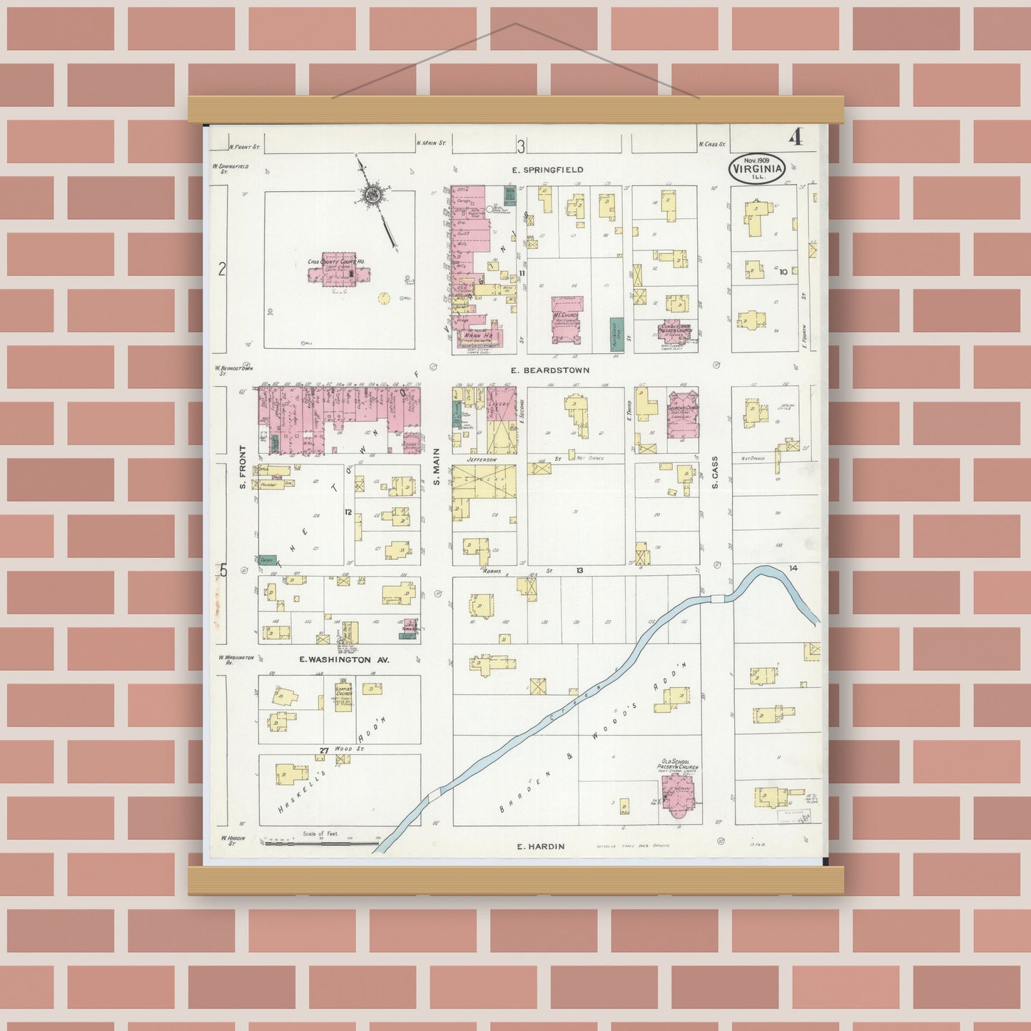 Old map wall art mockup — magnetic wood frame on brick wall — Sanborn Fire Insurance Map from Virginia, Cass County, Illinois (1909), Sheet #0004
