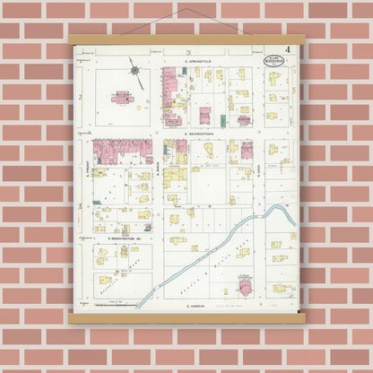 Old map wall art mockup — magnetic wood frame on brick wall — Sanborn Fire Insurance Map from Virginia, Cass County, Illinois (1909), Sheet #0004