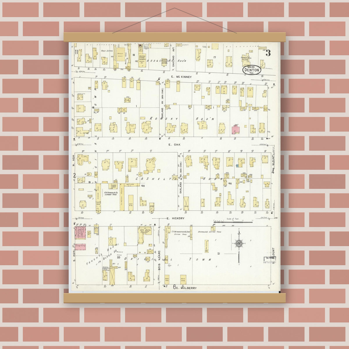 Old map wall art mockup — magnetic wood frame on brick wall — Sanborn Fire Insurance Map from Denton, Denton County, Texas (1912), Sheet #0003