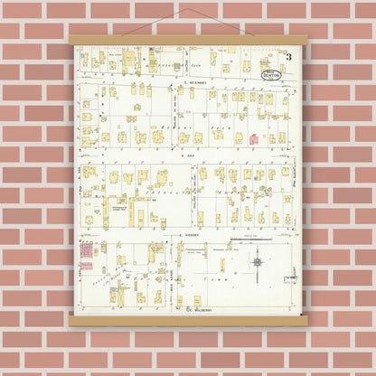 Old map wall art mockup — magnetic wood frame on brick wall — Sanborn Fire Insurance Map from Denton, Denton County, Texas (1912), Sheet #0003