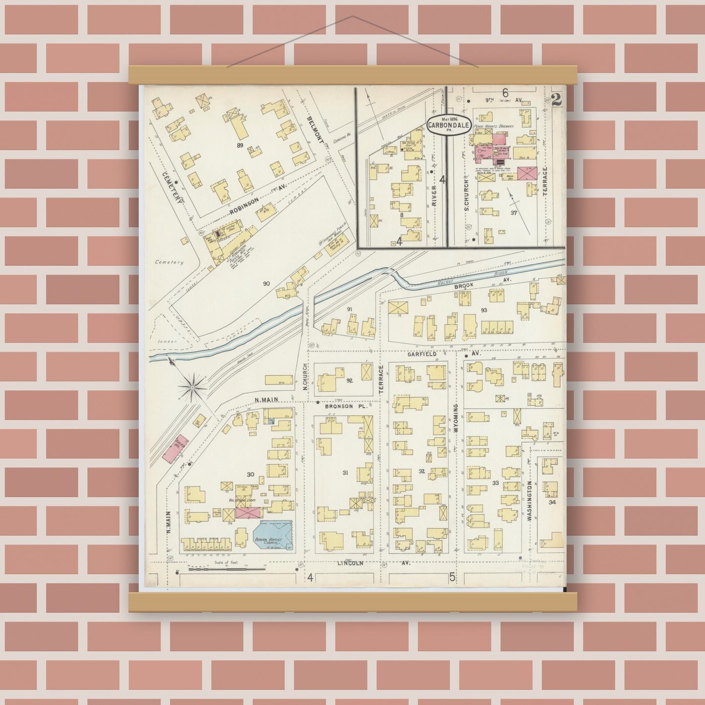 Old map wall art mockup — magnetic wood frame on brick wall — Sanborn Fire Insurance Map from Carbondale, Lackawanna County, Pennsylvania (1896), Sheet #0002
