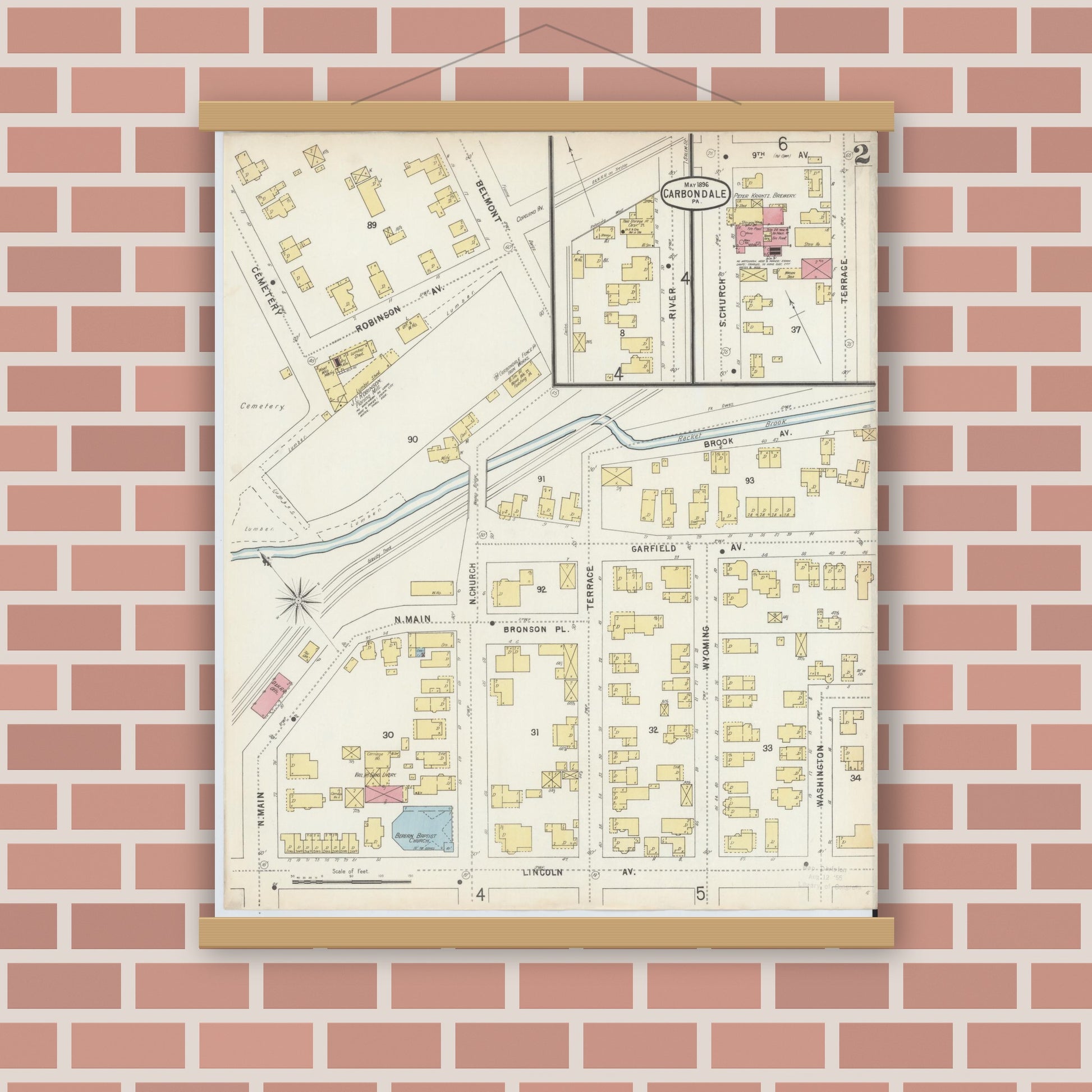 Old map wall art mockup — magnetic wood frame on brick wall — Sanborn Fire Insurance Map from Carbondale, Lackawanna County, Pennsylvania (1896), Sheet #0002