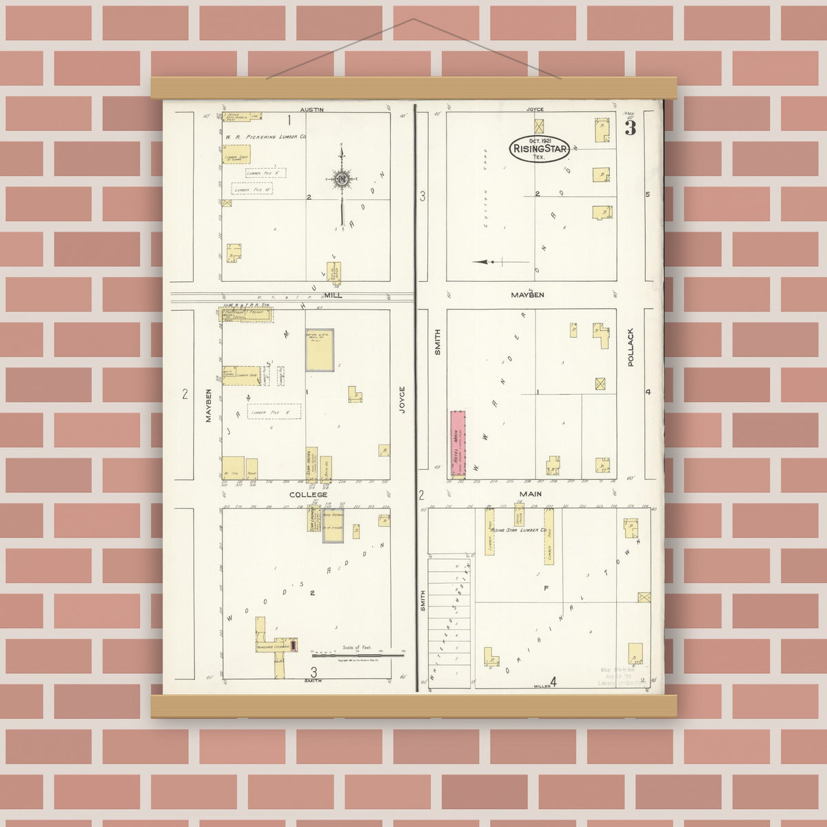 Old map wall art mockup — magnetic wood frame on brick wall — Sanborn Fire Insurance Map from Rising Star, Eastland County, Texas (1921), Sheet #0003