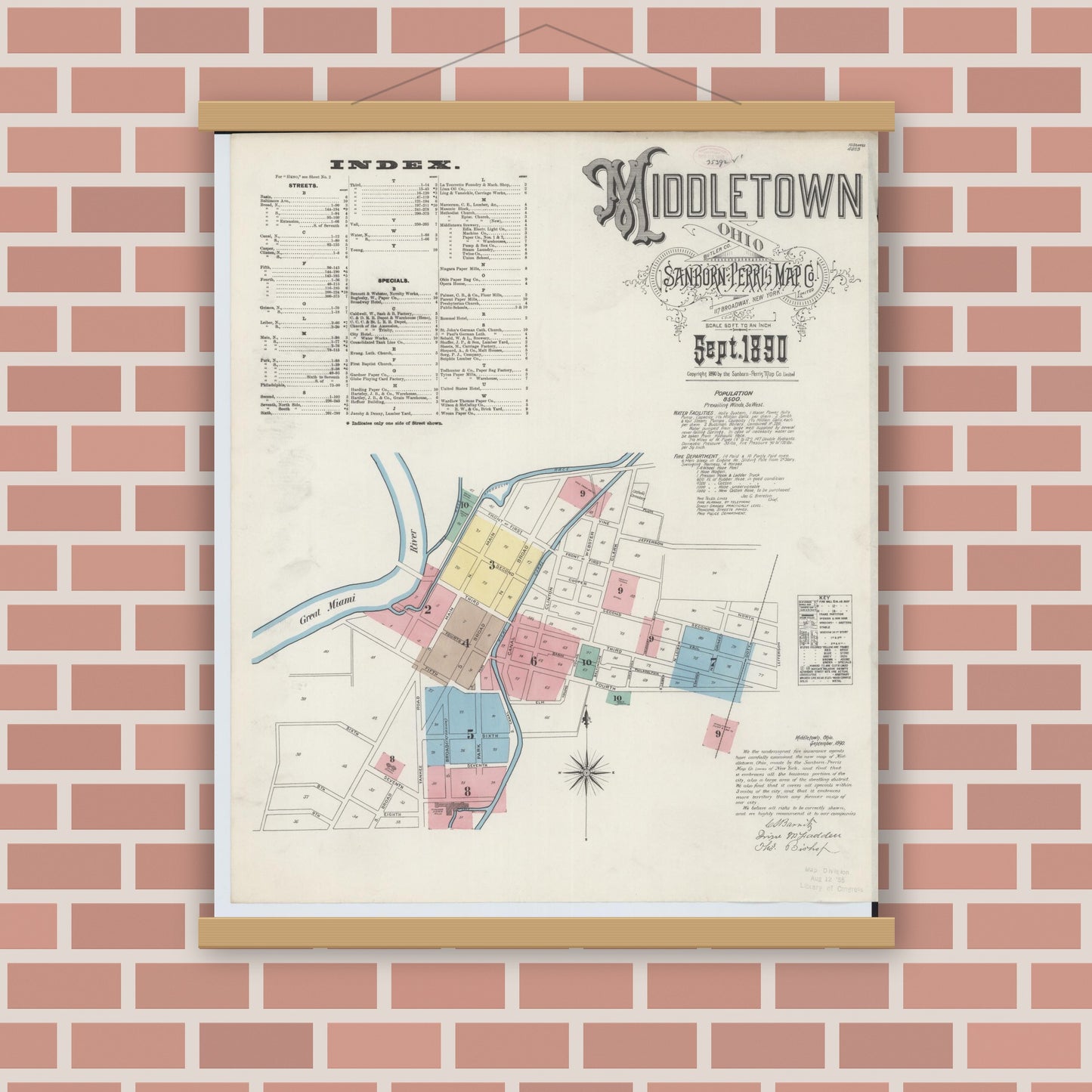 Old map wall art mockup — magnetic wood frame on brick wall — Sanborn Fire Insurance Map from Middletown, Butler County, Ohio (1890), Sheet #0001