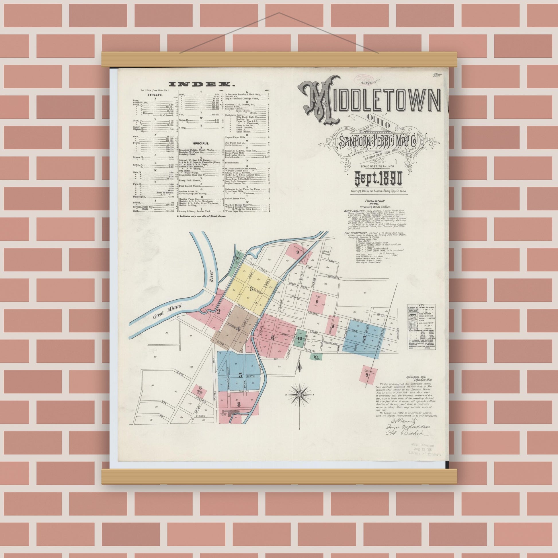 Old map wall art mockup — magnetic wood frame on brick wall — Sanborn Fire Insurance Map from Middletown, Butler County, Ohio (1890), Sheet #0001