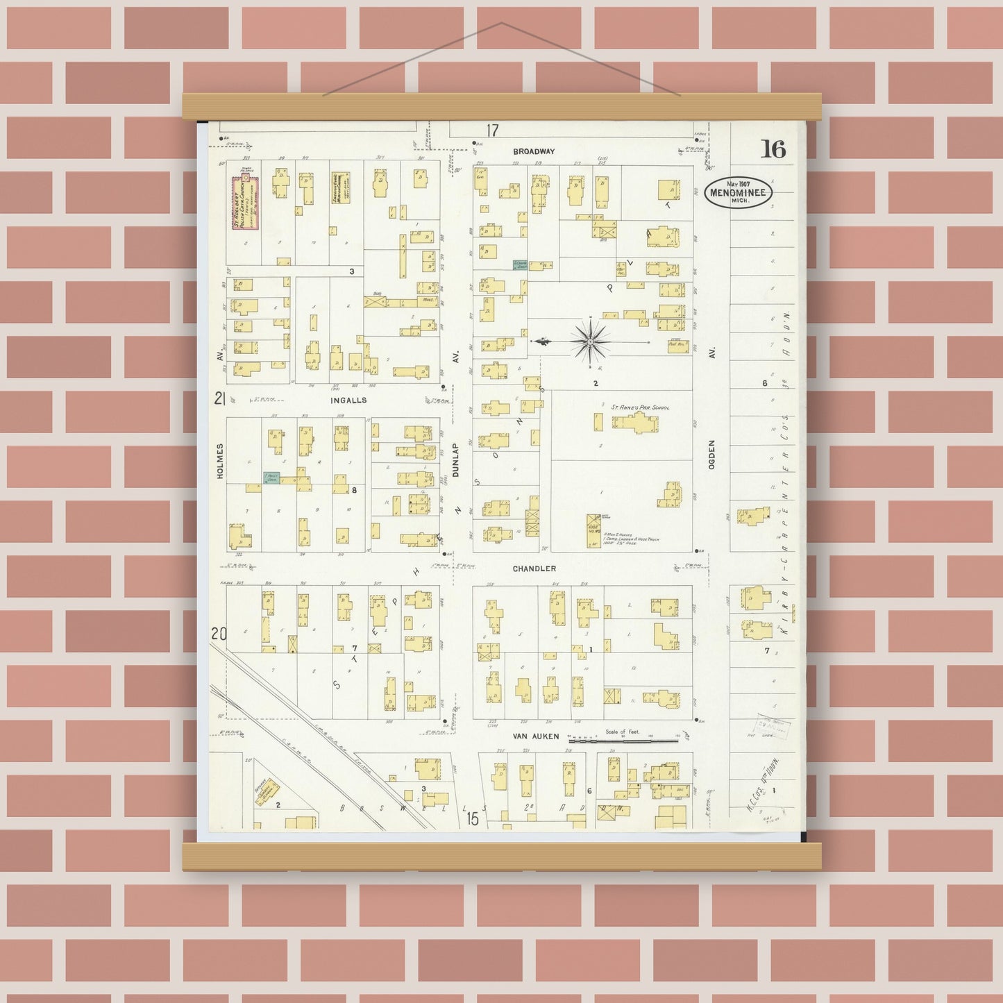 Old map wall art mockup — magnetic wood frame on brick wall — Sanborn Fire Insurance Map from Menominee, Menominee County, Michigan (1907), Sheet #0016