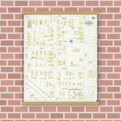 Old map wall art mockup — magnetic wood frame on brick wall — Sanborn Fire Insurance Map from Menominee, Menominee County, Michigan (1907), Sheet #0016