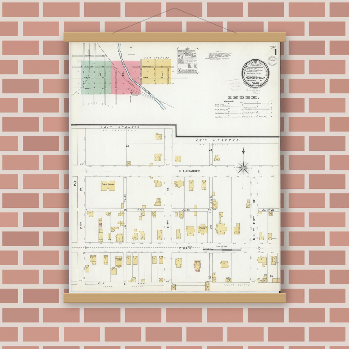 Old map wall art mockup — magnetic wood frame on brick wall — Sanborn Fire Insurance Map from Brockway, Jefferson County, Pennsylvania (1899), Sheet #0001