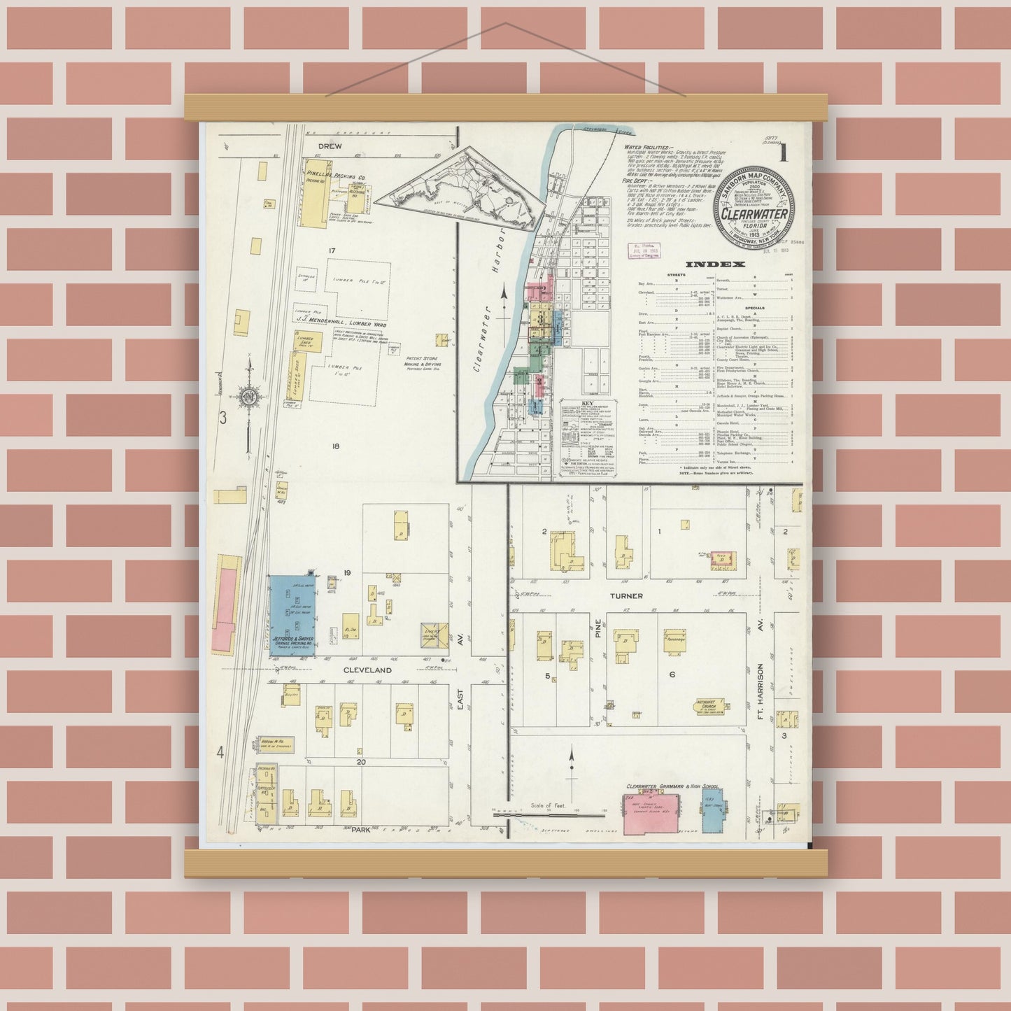 Old map wall art mockup — magnetic wood frame on brick wall — Sanborn Fire Insurance Map from Clearwater, Pinellas County, Florida (1913) - Complete Map Set