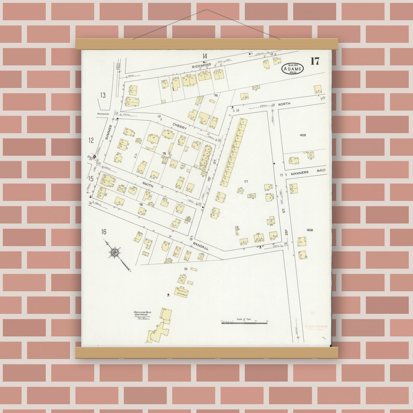 Old map wall art mockup — magnetic wood frame on brick wall — Sanborn Fire Insurance Map from Adams, Berkshire County, Massachusetts (1914), Sheet #0017
