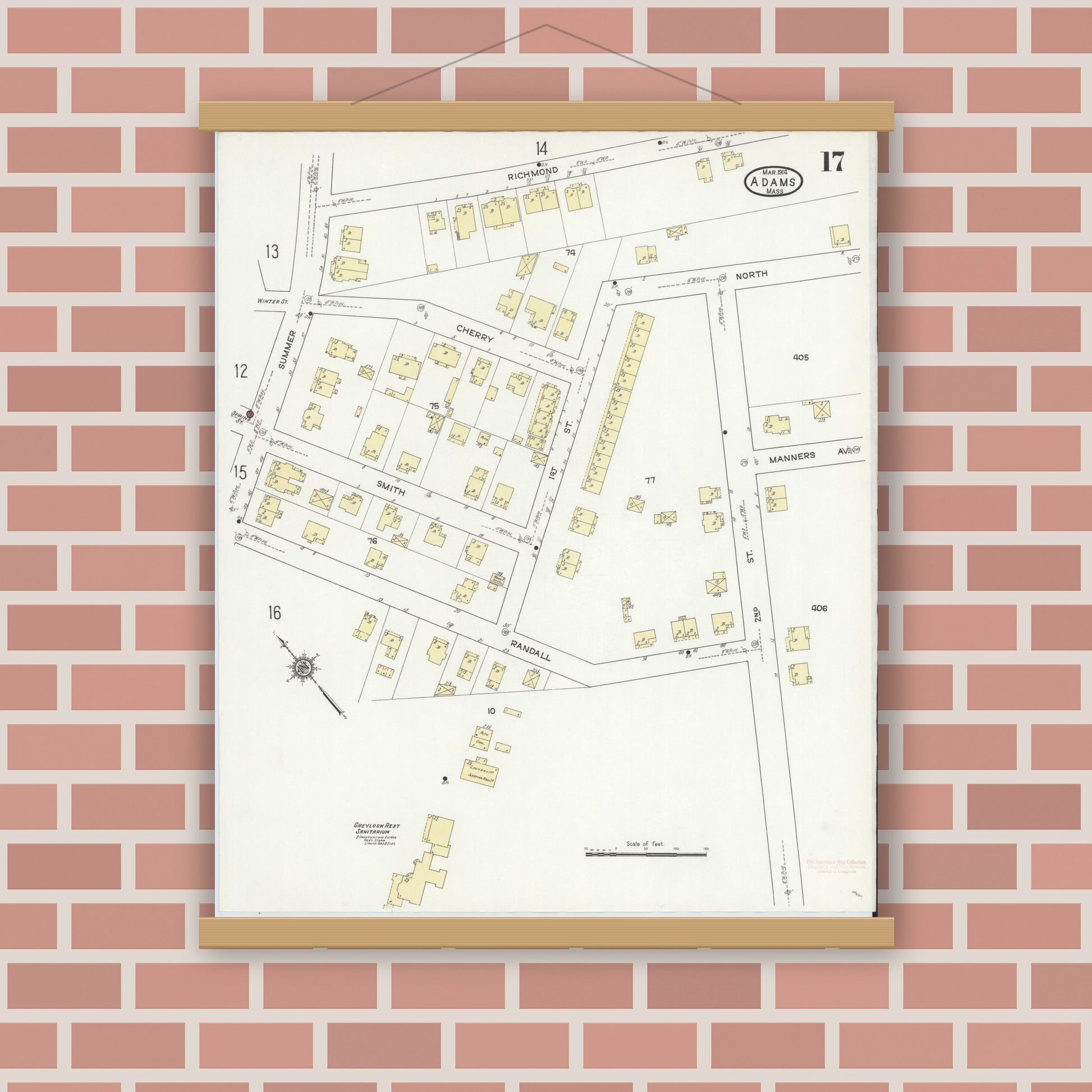 Old map wall art mockup — magnetic wood frame on brick wall — Sanborn Fire Insurance Map from Adams, Berkshire County, Massachusetts (1914), Sheet #0017