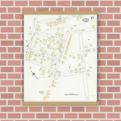 Old map wall art mockup — magnetic wood frame on brick wall — Sanborn Fire Insurance Map from Adams, Berkshire County, Massachusetts (1914), Sheet #0017