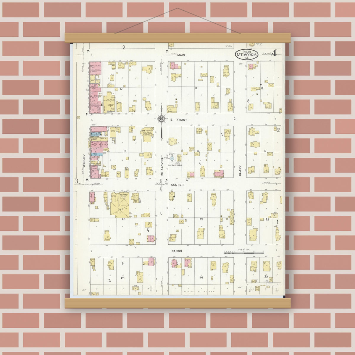 Old map wall art mockup — magnetic wood frame on brick wall — Sanborn Fire Insurance Map from Mount Morris, Ogle County, Illinois (1912), Sheet #0004
