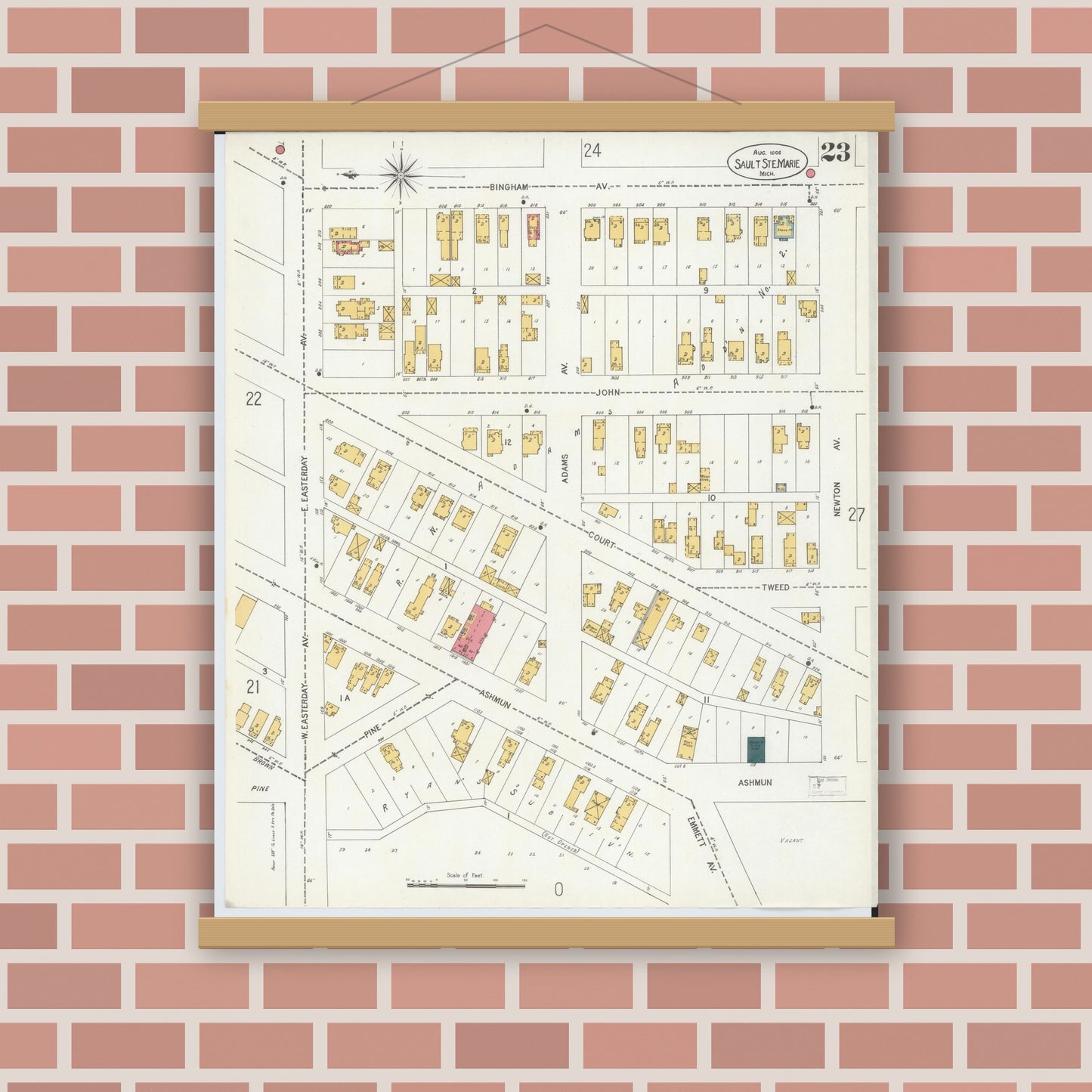 Old map wall art mockup — magnetic wood frame on brick wall — Sanborn Fire Insurance Map from Sault Sainte Marie, Chippewa County, Michigan (1906), Sheet #0023